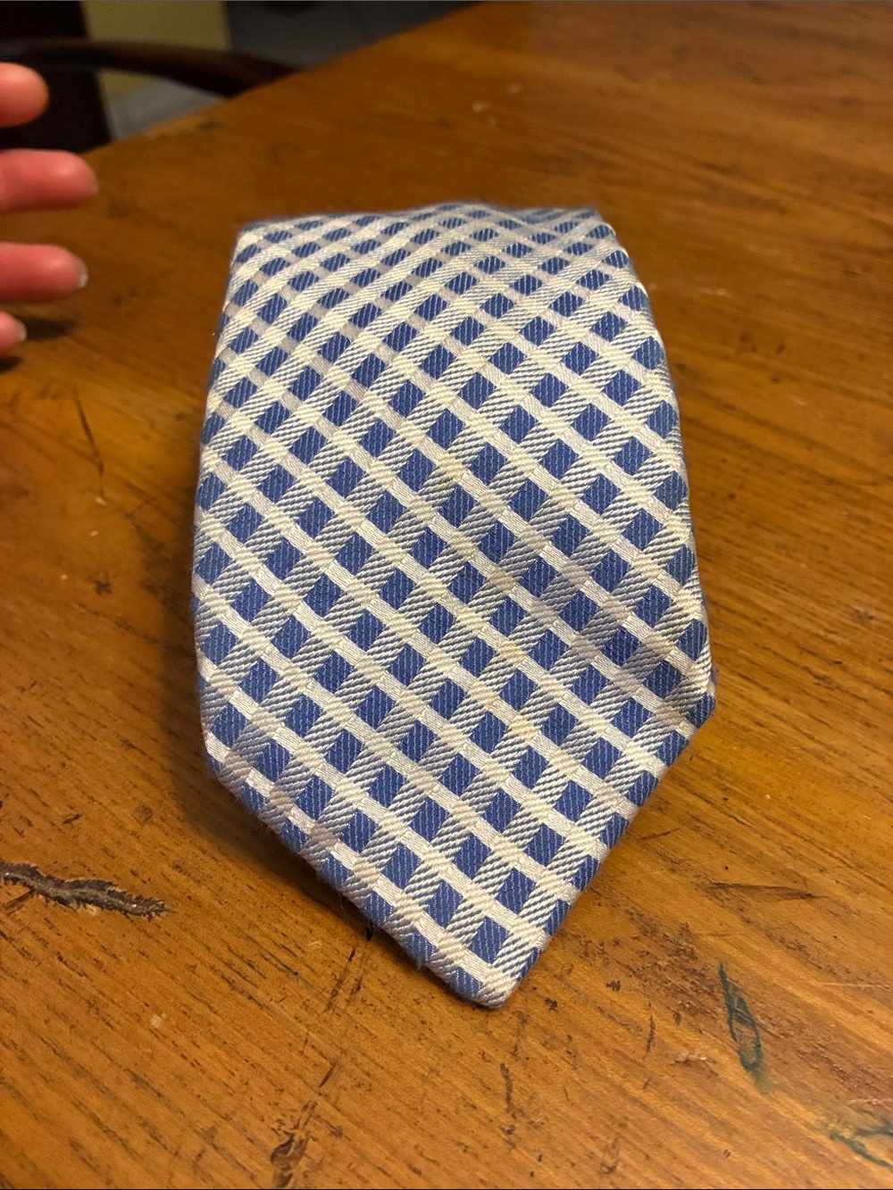 Michael Kors Light Blue and White Geometric Check Silk Tie